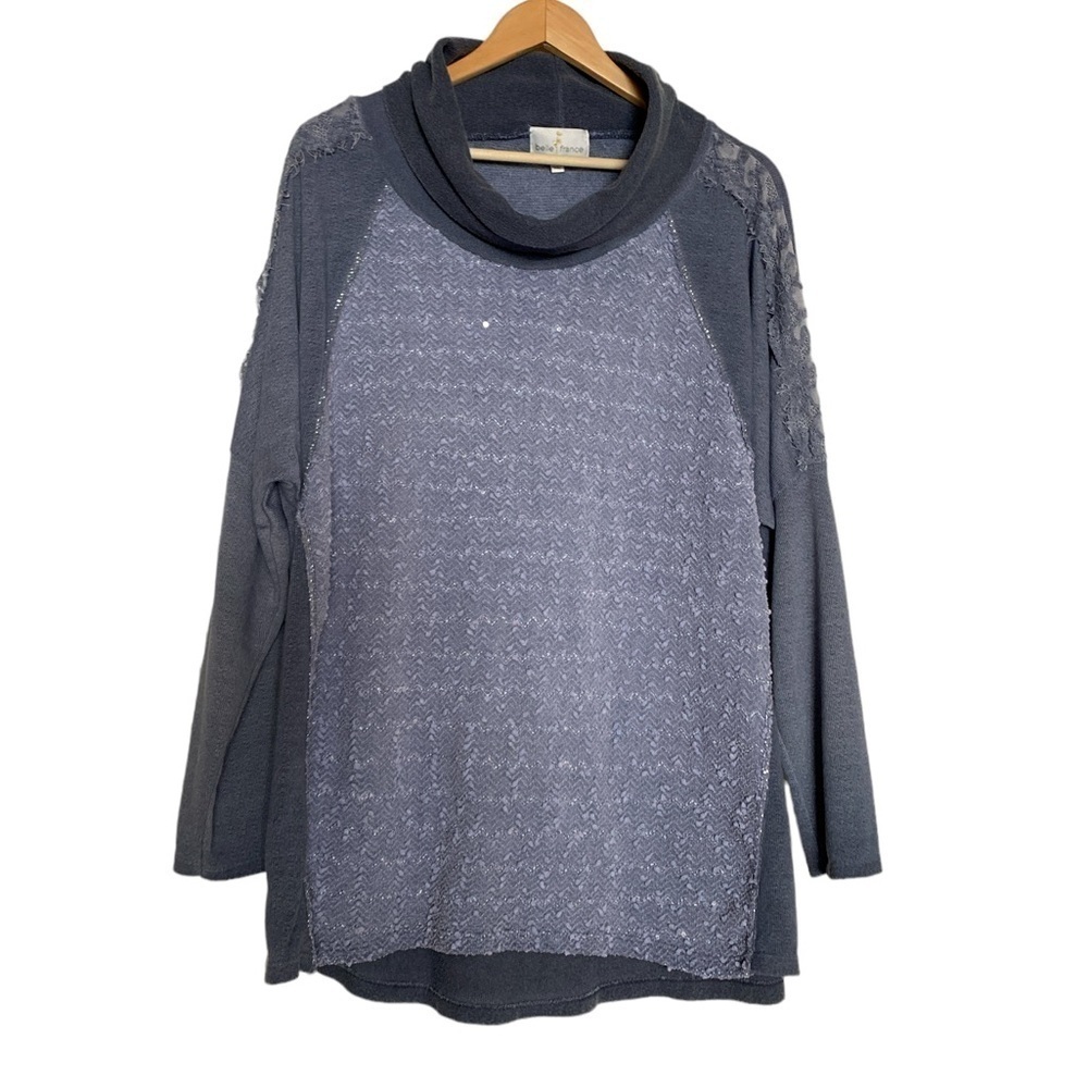 Belle France Cowl Neck Textured Lavender Lagenlook Pullover Tunic Top - Large